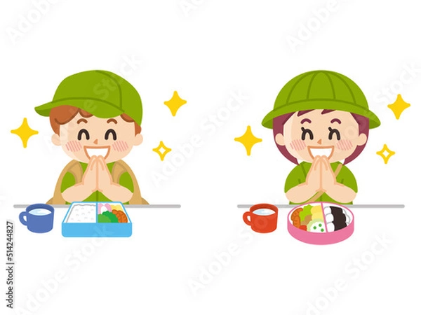 Fototapeta お弁当を食べる探検隊の子供　ボーイスカウト　冒険　アウトドア