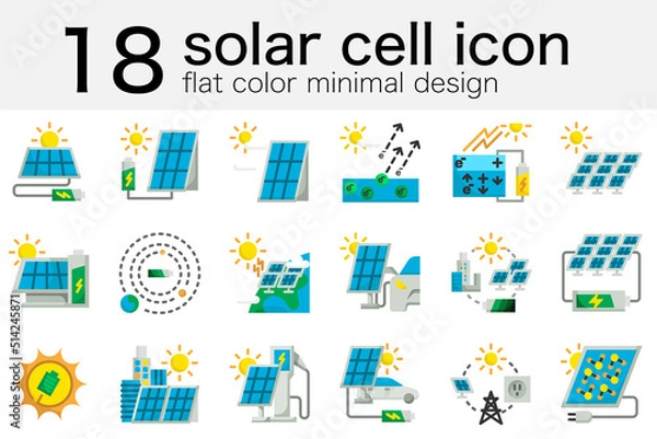 Fototapeta set of solar cell panel produce green energy electricity to battery from sun circle photovoltaic icon in minimal flat color design