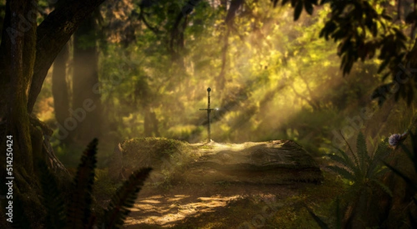 Obraz Fantastic Fantasy environment of a forest with a sword stuck in a tree trunk in Excalibur style