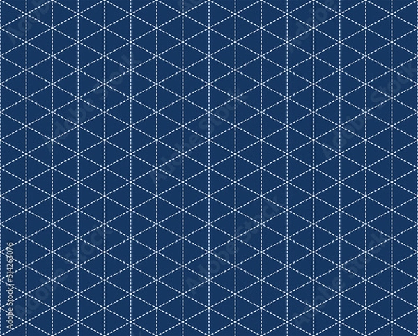 Obraz Japanese Sashiko seamless pattern. Indigo background. white thin line on blue wallpaper. Vector