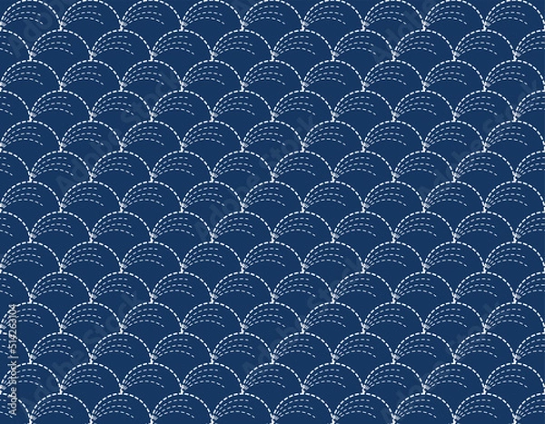 Obraz Japanese Sashiko seamless pattern. Indigo background. white thin line on blue wallpaper. Vector