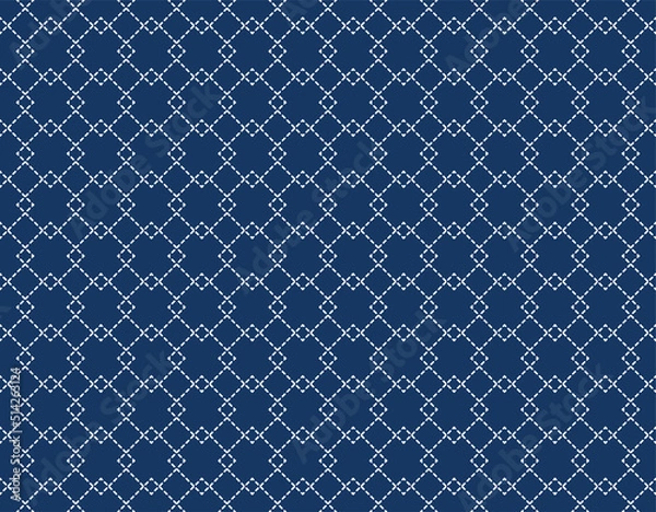 Obraz Japanese Sashiko seamless pattern. Indigo background. white thin line on blue wallpaper. Vector
