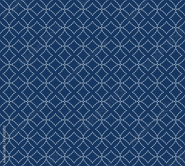 Obraz Japanese Sashiko seamless pattern. Indigo background. white thin line on blue wallpaper. Vector