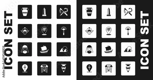 Fototapeta Set Crook and flail, Eye of Horus, Egyptian Scarab, vase, fan, Obelisk Alexandria, pyramids and man icon. Vector