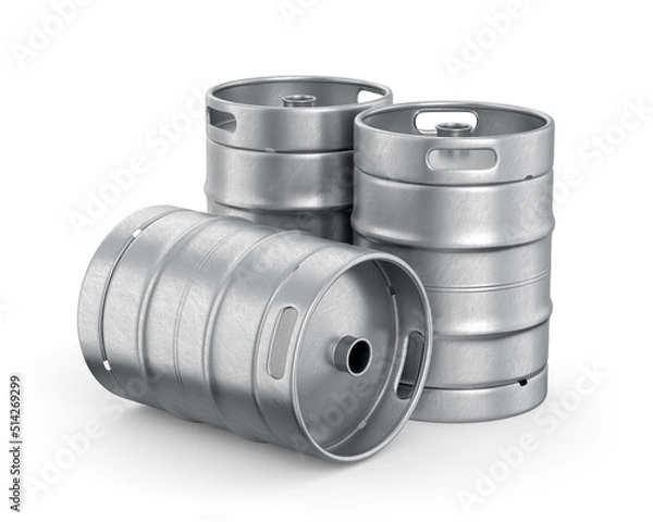 Fototapeta Three metal beer kegs isolated on white background
