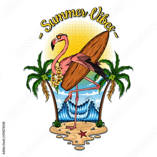 Obraz flamingo surfing vector illustration