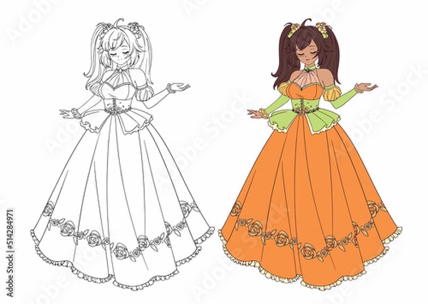 Fototapeta Vector illustration of anime princess with tan skin, brown hair standing and wearing orange ball dress.