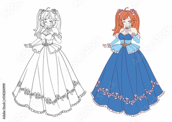 Fototapeta Vector illustration of anime princess wearing ball dress.
