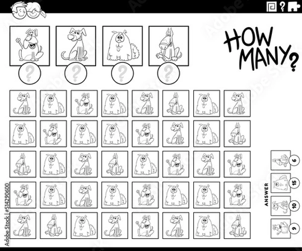 Fototapeta how many cartoon dogs counting game coloring page