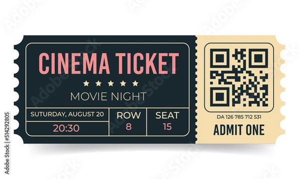 Fototapeta Cinema ticket template. Movie night admission coupon design. Cinema coupon with qr code for festivals, event, theater, concert, play. Vector illustration isolated on white background