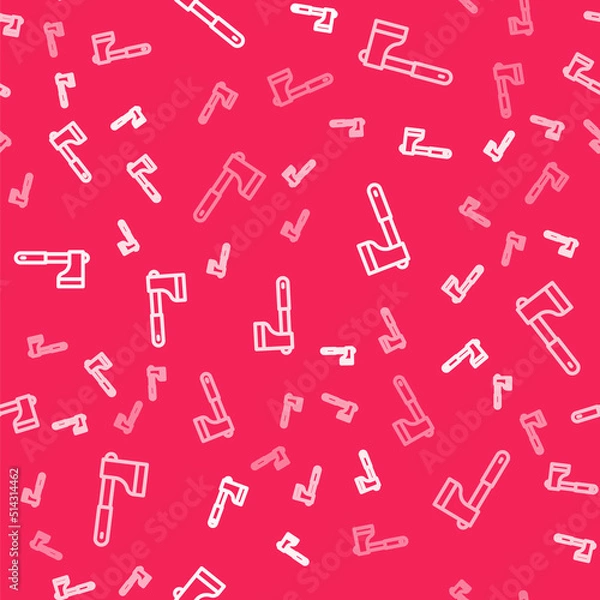 Fototapeta White line Wooden axe icon isolated seamless pattern on red background. Lumberjack axe. Vector