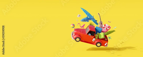 Obraz Red car jump with luggage and beach accessories ready for summer travel. Creative summer vacation concept on yellow background 3D Render 3D illustration