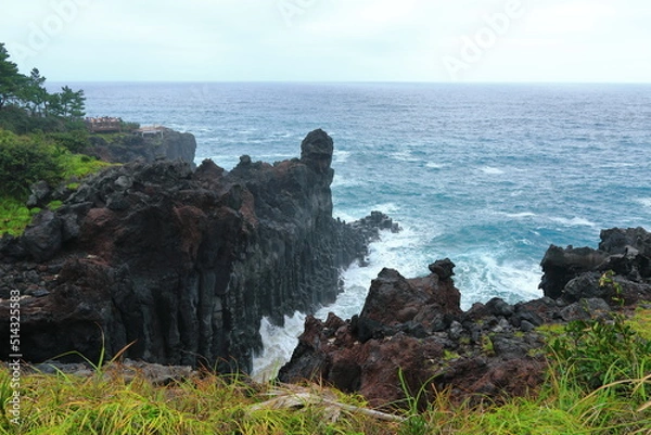 Obraz 제주 서귀포에 있는 대포동주상절리의 파도치는 아름다운 풍경이다