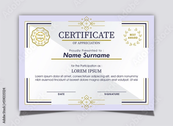 Obraz White Blue Gold Simple Abstract Certificate Template