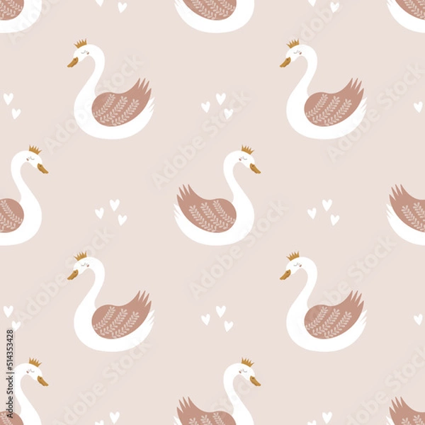 Fototapeta Swan princess seamless pattern. Cute baby pink background with a beautiful bird. Hand drawn vector illustration. Creative kids texture. Nursery design. Baby print swan