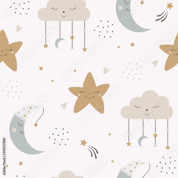 Fototapeta Cute heavenly seamless pattern. Cartoon baby print with a sleeping moon, star and cloud. Hand drawn kids background. Design nursery. 