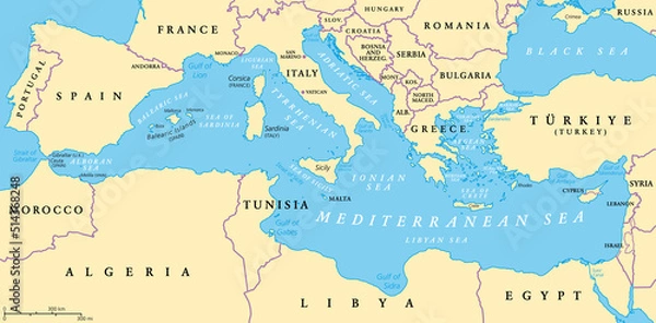 Obraz The Mediterranean Sea, political map with subdivisions, straits, islands and countries. Connected to the Atlantic Ocean, surrounded by the Mediterranean Basin, almost completely enclosed by land.