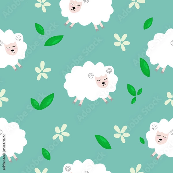 Fototapeta Seamless pattern with cute sheep and lambs. Loop pattern for fabric, textile, wallpaper, posters, gift wrapping paper, napkins, tablecloths. Print for kids. Children's pattern vector illustration.