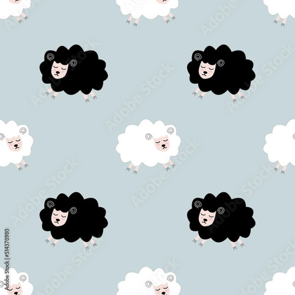 Fototapeta Seamless pattern with cute sheep and lambs. Loop pattern for fabric, textile, wallpaper, posters, gift wrapping paper, napkins, tablecloths. Print for kids. Children's pattern vector illustration.