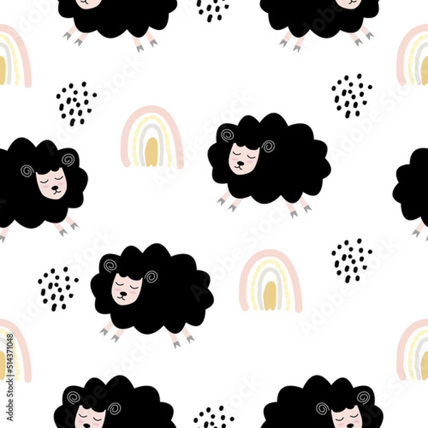 Fototapeta Seamless pattern with cute sheep and lambs. Loop pattern for fabric, textile, wallpaper, posters, gift wrapping paper, napkins, tablecloths. Print for kids. Children's pattern vector illustration.