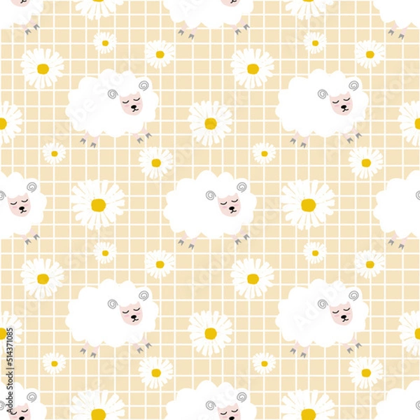 Fototapeta Seamless pattern with cute sheep and lambs. Loop pattern for fabric, textile, wallpaper, posters, gift wrapping paper, napkins, tablecloths. Print for kids. Children's pattern vector illustration.