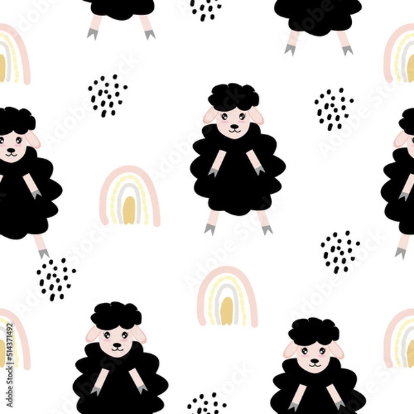Fototapeta Seamless pattern with cute sheep and lambs. Loop pattern for fabric, textile, wallpaper, posters, gift wrapping paper, napkins, tablecloths. Print for kids. Children's pattern vector illustration.