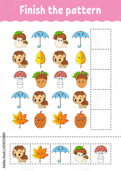 Fototapeta Finish the pattern. Cut and play. Education developing worksheet. Autumn theme. Activity page. cartoon character. Vector illustration.
