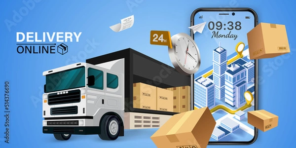 Obraz Parcel tracking app. 
delivery truck with cargo box is on a mobile phone. Online Parcel Inspection Concept.Online delivery transport logistics service. Warehouse factory express delivery box.