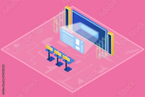 Obraz Isometric vector illustration of display with glowing hologram. Speakers with outgoing sound on the sides. Sound waves. Virtual reality. Future.