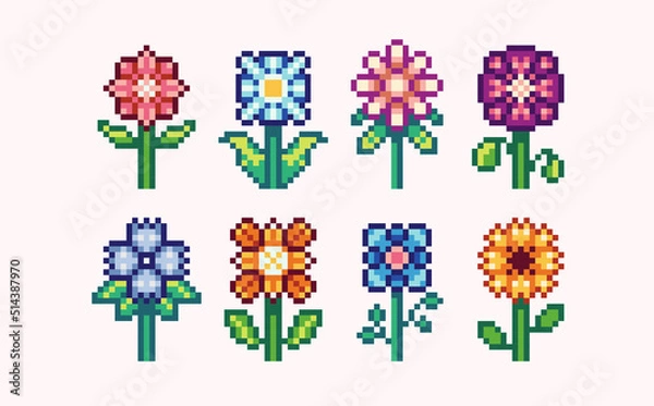Obraz Colorful flowers pixel art set. Floweret, floret collection. 8 bit sprite. Game development, mobile app.  Isolated vector illustration.