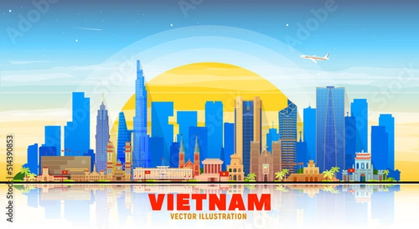 Obraz Vietnam (Ho Chi Minh, Hanoi and other) skyline with panorama at sky background. Vector Illustration. Business travel and tourism concept with modern buildings. Image for banner or web site.