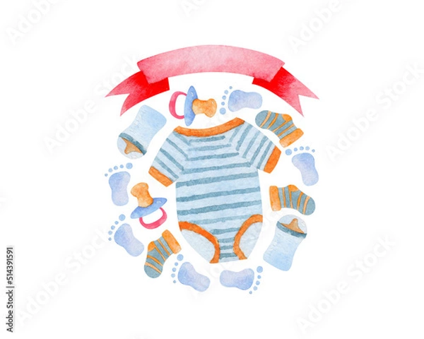 Fototapeta Baby watercolor illustration with place for text on isolated white background. For designing greeting cards, social media, stationery, printing on objects, etc.