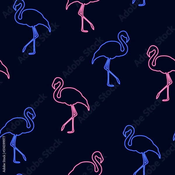 Fototapeta Neon seamless pattern with flamingo. Pink and blue on a dark background. Prints, textiles, packaging design, bedding and wallpaper.