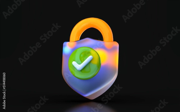 Fototapeta glass morphism check mark lock icon with colorful gradient light on dark background 3d render 