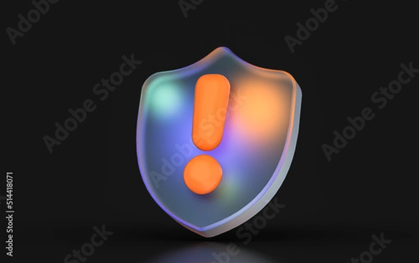 Fototapeta glass morphism exclamation shield icon with colorful gradient light on dark background 3d render