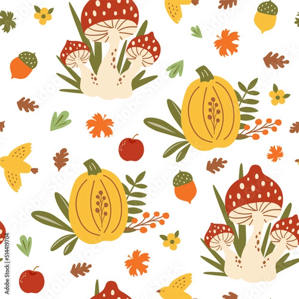 Fototapeta Mushroom pattern. Fall forest mushroom seamless pattern. Autumn forest wallpaper, fall nature pumpkin, fungus, bird, autumn leaves, berry. Hand drawn fall forest vector illustration, background, print