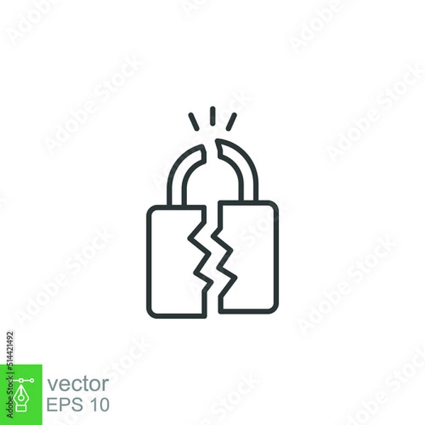 Obraz Broken lock line icon. Simple outline style. Unlock, crack, padlock, break, free, chain, code, security, fail, technology concept. Vector design illustration isolated on white background. EPS 10