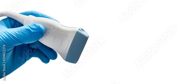 Fototapeta Medical ultrasound probe from ultrasonic machine in doctor's hand close-up, isolated on white. Ultrasound procedures