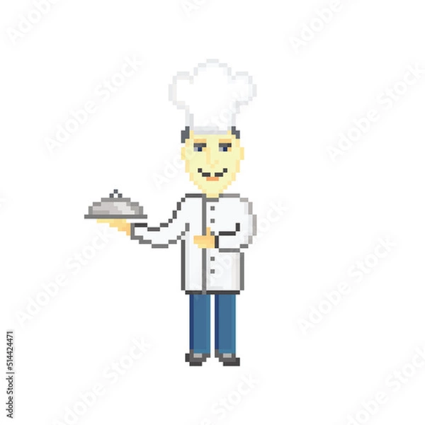 Fototapeta Chef isolated on white background. Pixel art design. 8 bit logo for game. Character vector illustration. eps 10