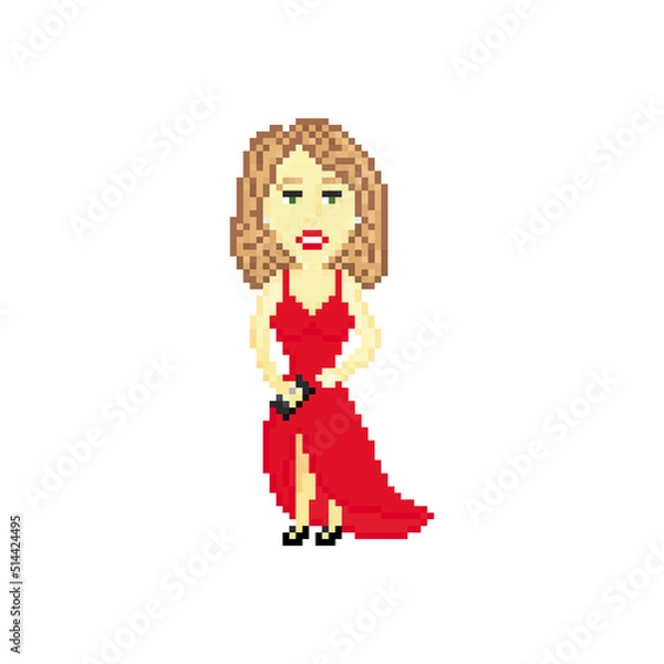 Fototapeta Beautiful woman in red evening dress isolated on white background. Pixel art design. 8 bit logo for game. Character vector illustration. eps 10