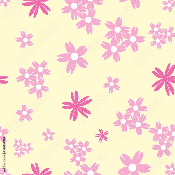 Fototapeta Vector yellow background white pink cherry tree flowers and cherry blossom sakura flowers. Seamless pattern background