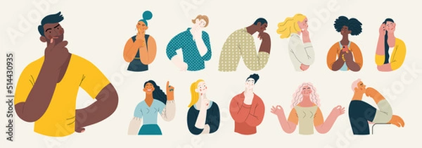 Fototapeta People portrait - Thinking people set-Modern flat vector concept illustration of a young people thinking about something, half-length portrait, user avatar. Creative landing web page template