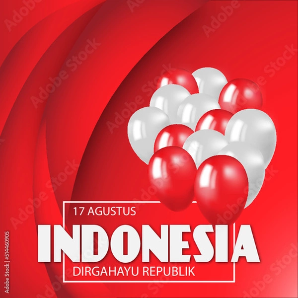 Fototapeta square red poster with white and red balloons Indonesia independence day