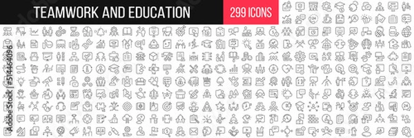 Obraz Teamwork and education linear icons collection. Big set of 299 thin line icons in black. Vector illustration