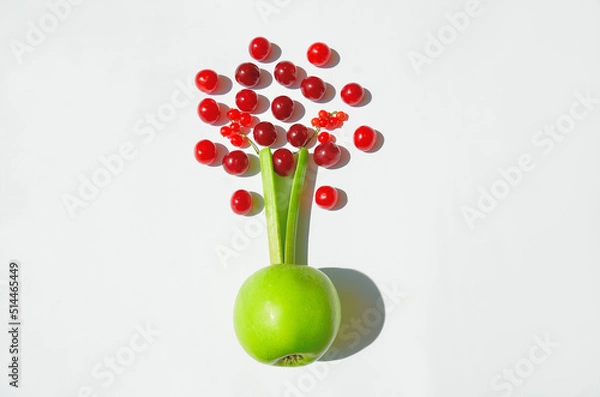 Fototapeta Fruit tree composition of apple, red currant, cherry and rhubarb stem on white background. Creative summer fruit idea with free space for text.