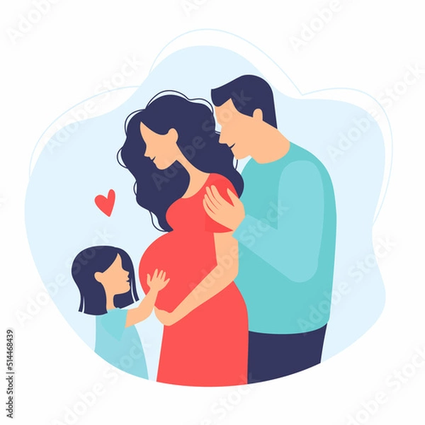 Obraz Happy young family. Dad, daughter and pregnant mother. Child hugs belly of pregnant mother. Vector illustrations