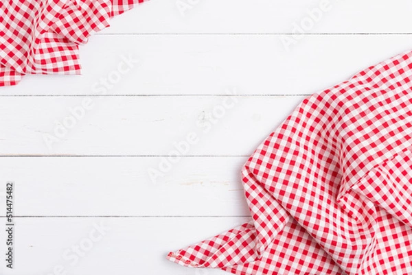Fototapeta Backdrop for menu of food to restaurants. Red and white fabric tablecloth checkered on wooden white background with copy space. top view, flat lay.
