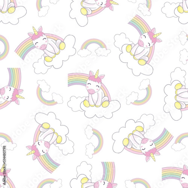 Fototapeta Unicorn pattern. Vector seamless pattern with white unicorns, rainbow and stars.