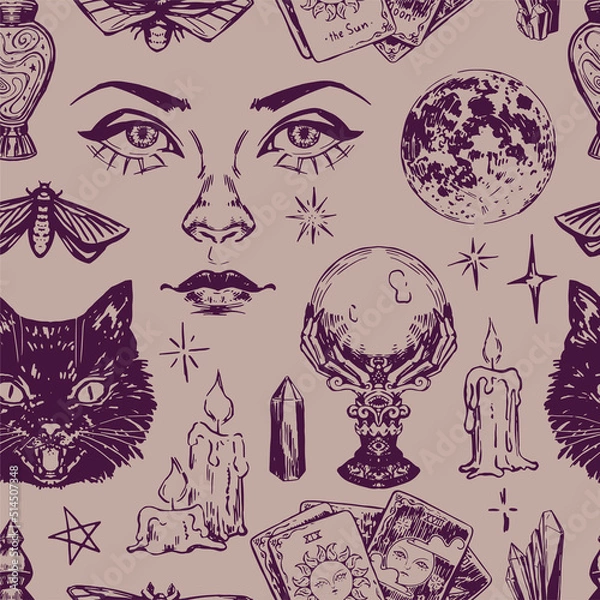 Fototapeta Halloween witchcraft seamless pattern. Ornament of realistic sketches of fortune teller inventory, witch attributes, occult items. Vector illustration in retro engraving style.