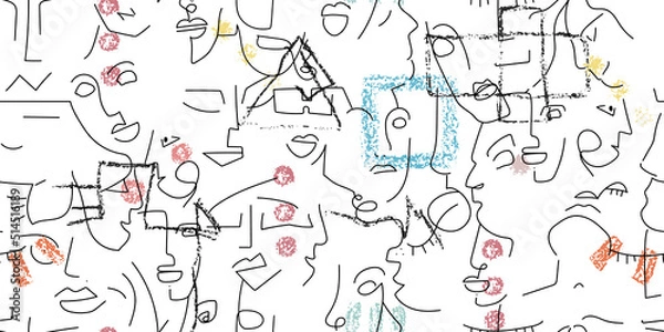 Fototapeta One line drawing. Abstract face seamless pattern.